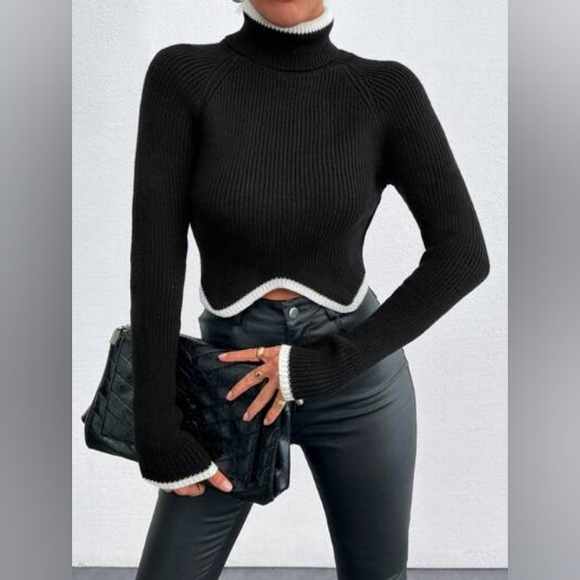 Commense Sweaters - Commense Black and White Cowl Turtleneck Sweater with Wavy Stripe